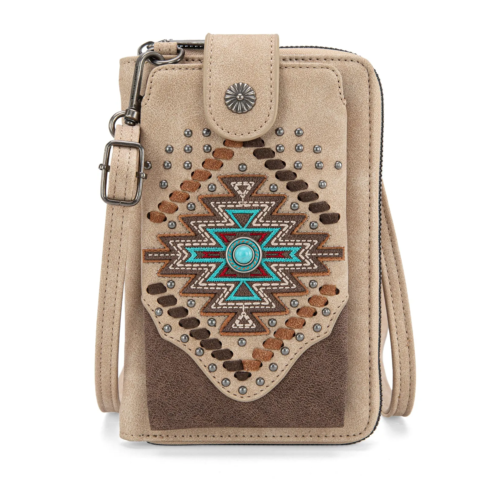 MW1315-183  Montana West Embroidered Aztec Collection Phone Wallet/Crossbody - Tan