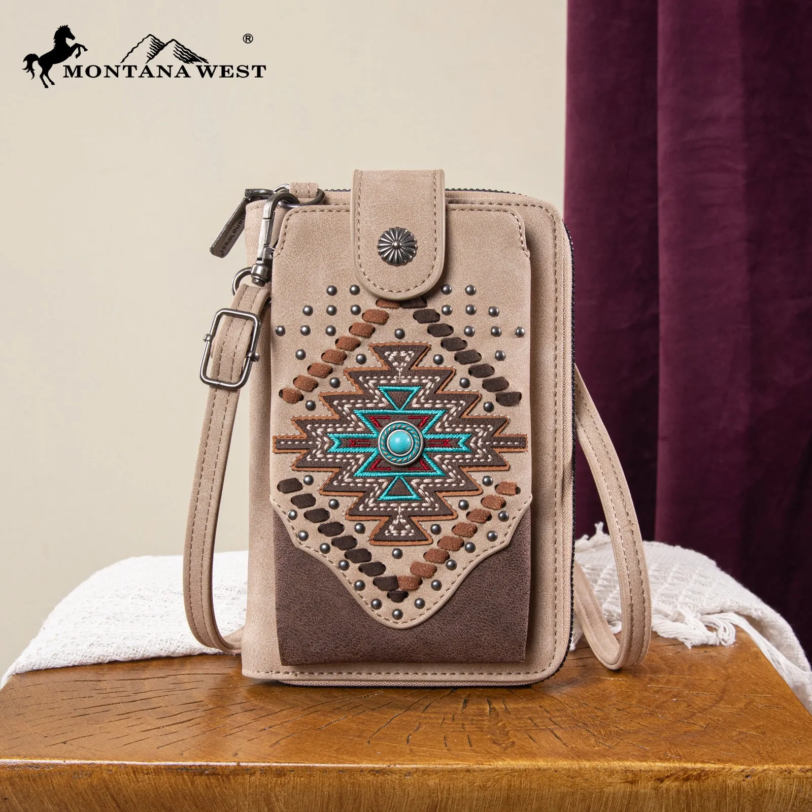 MW1315-183  Montana West Embroidered Aztec Collection Phone Wallet/Crossbody - Tan