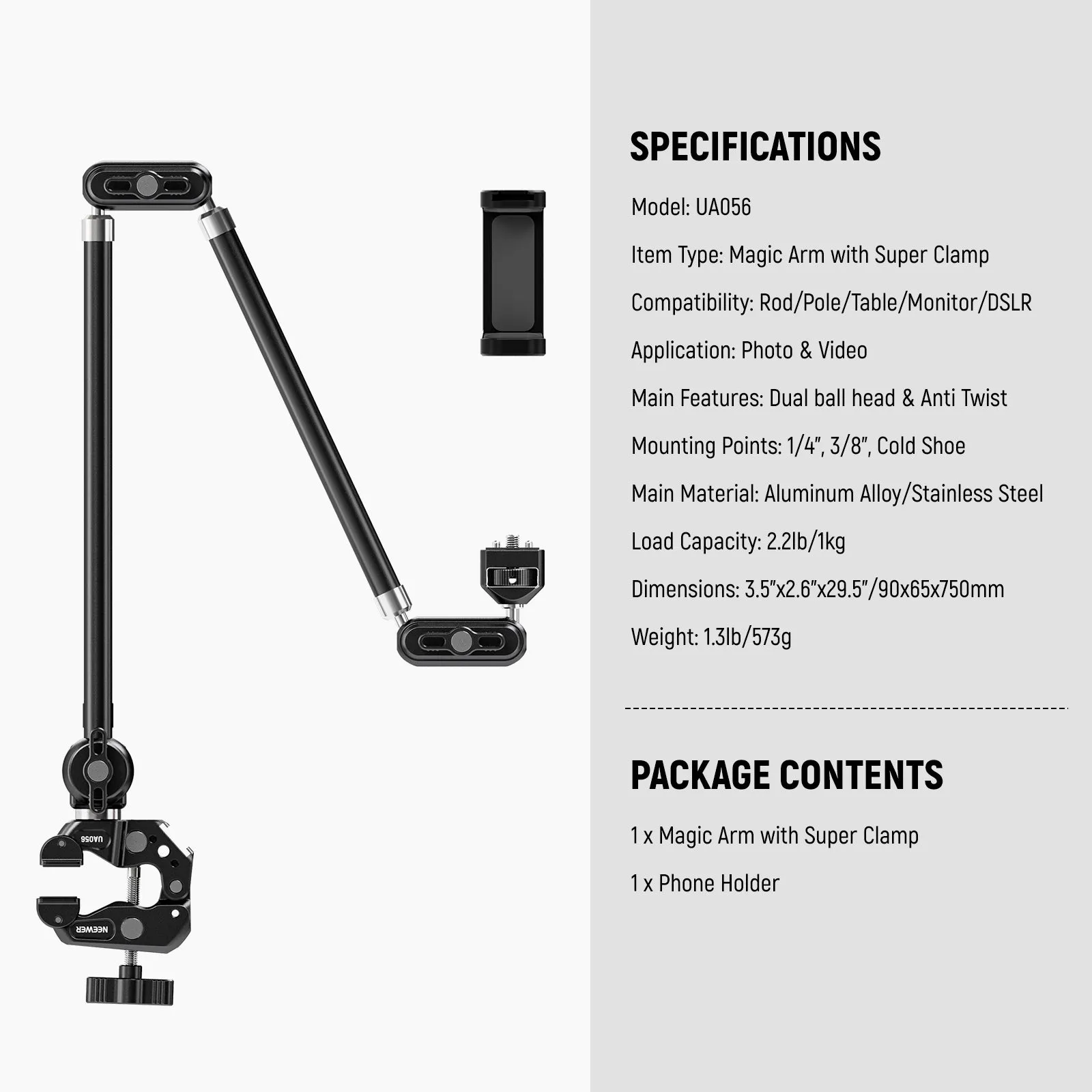 NEEWER UA056 30" Articulating Magic Arm with Super Clamp & Phone Holder