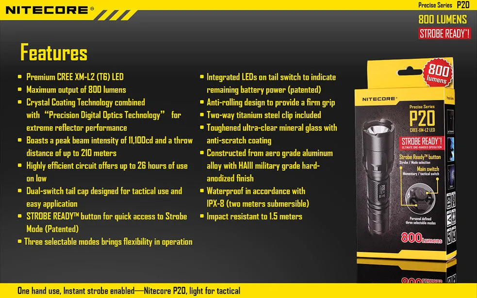 NiteCore P20 Strobe Ready 800 Lumen LED Flashlight