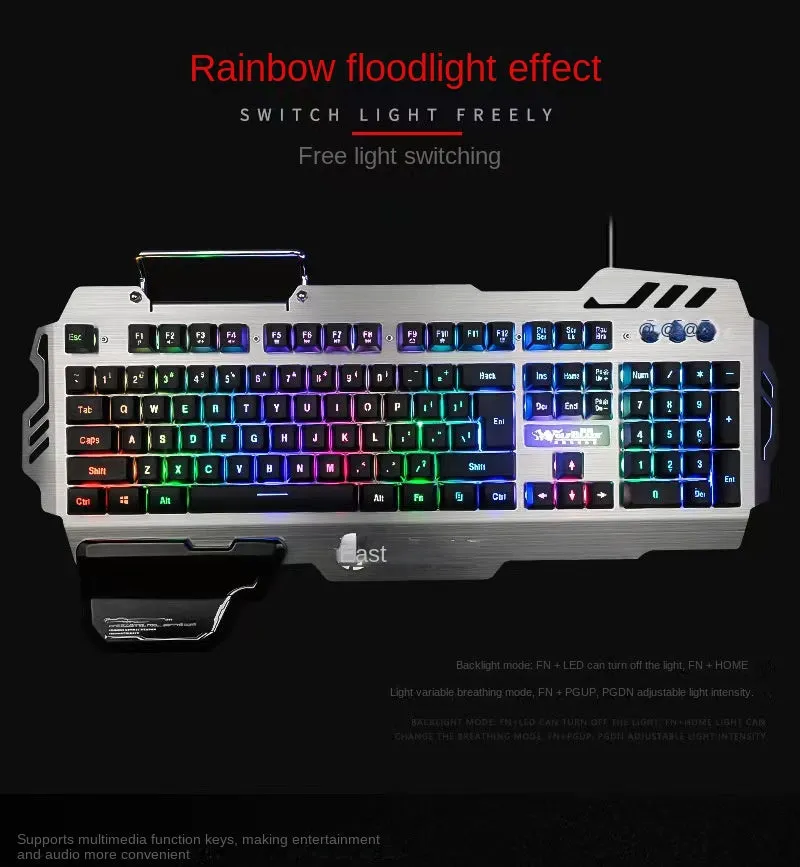 PK900 luminous RGB game keyboard dazzling light metal panel with hand support