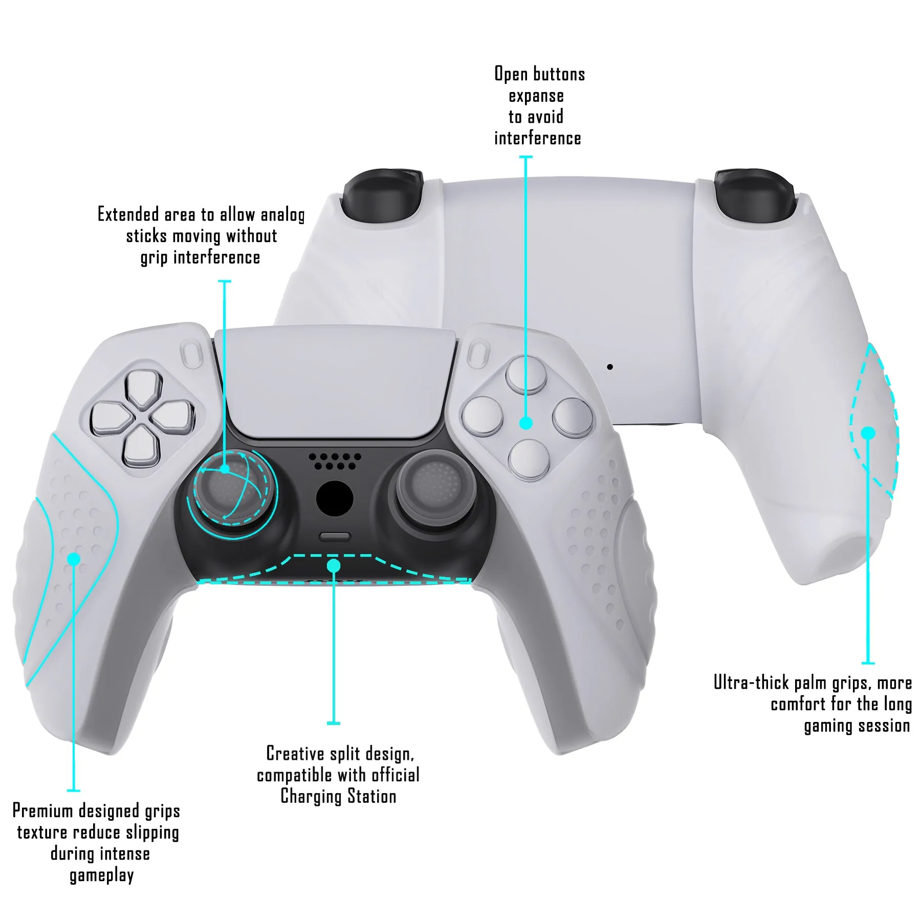 PlayVital Guardian Edition Clear White Ergonomic Soft Controller Silicone Case Grips for PS5, Rubber Protector Skins with Thumbstick Caps for PS5 Controller – Compatible with Charging Station - YHPF018