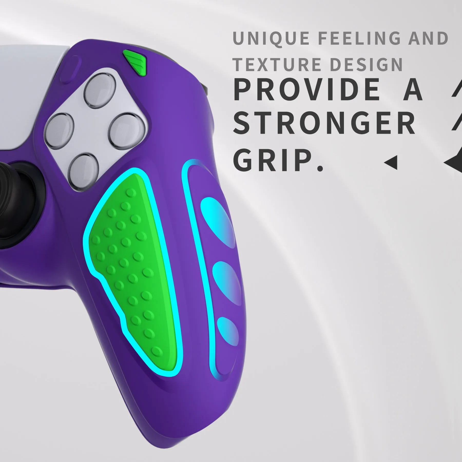 PlayVital Knight Edition Neon Genesis Purple & Green Two Tone Anti-Slip Silicone Cover Skin for Playstation 5 Controller, Soft Rubber Case for PS5 Controller with Thumb Grip Caps - QSPF015