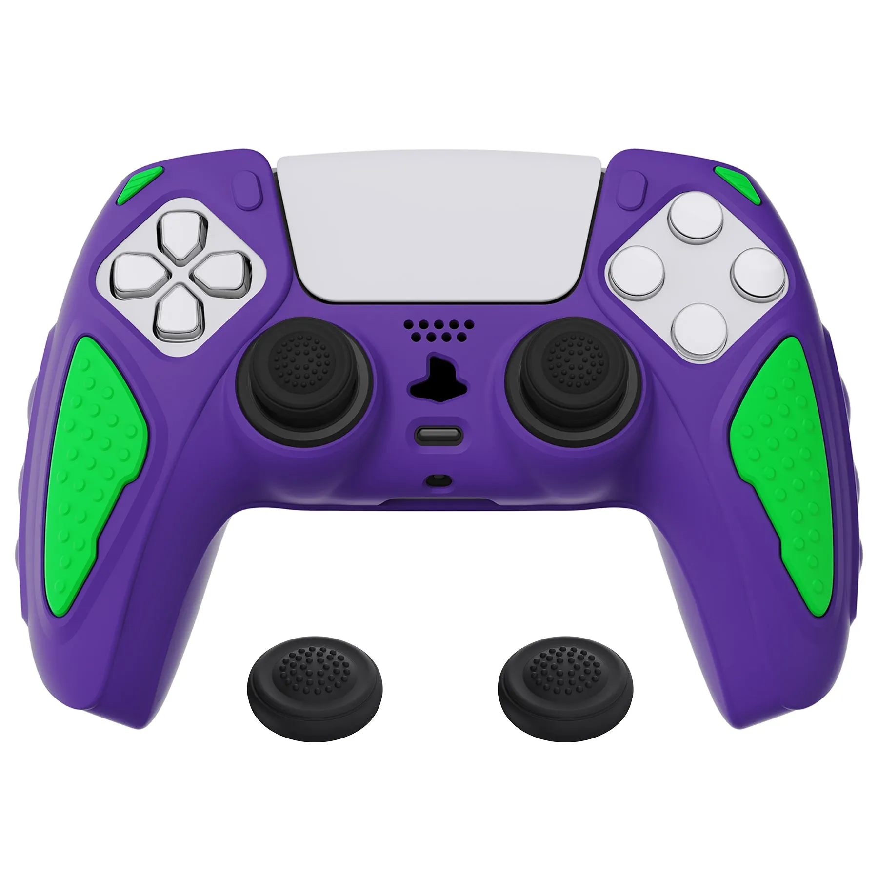 PlayVital Knight Edition Neon Genesis Purple & Green Two Tone Anti-Slip Silicone Cover Skin for Playstation 5 Controller, Soft Rubber Case for PS5 Controller with Thumb Grip Caps - QSPF015