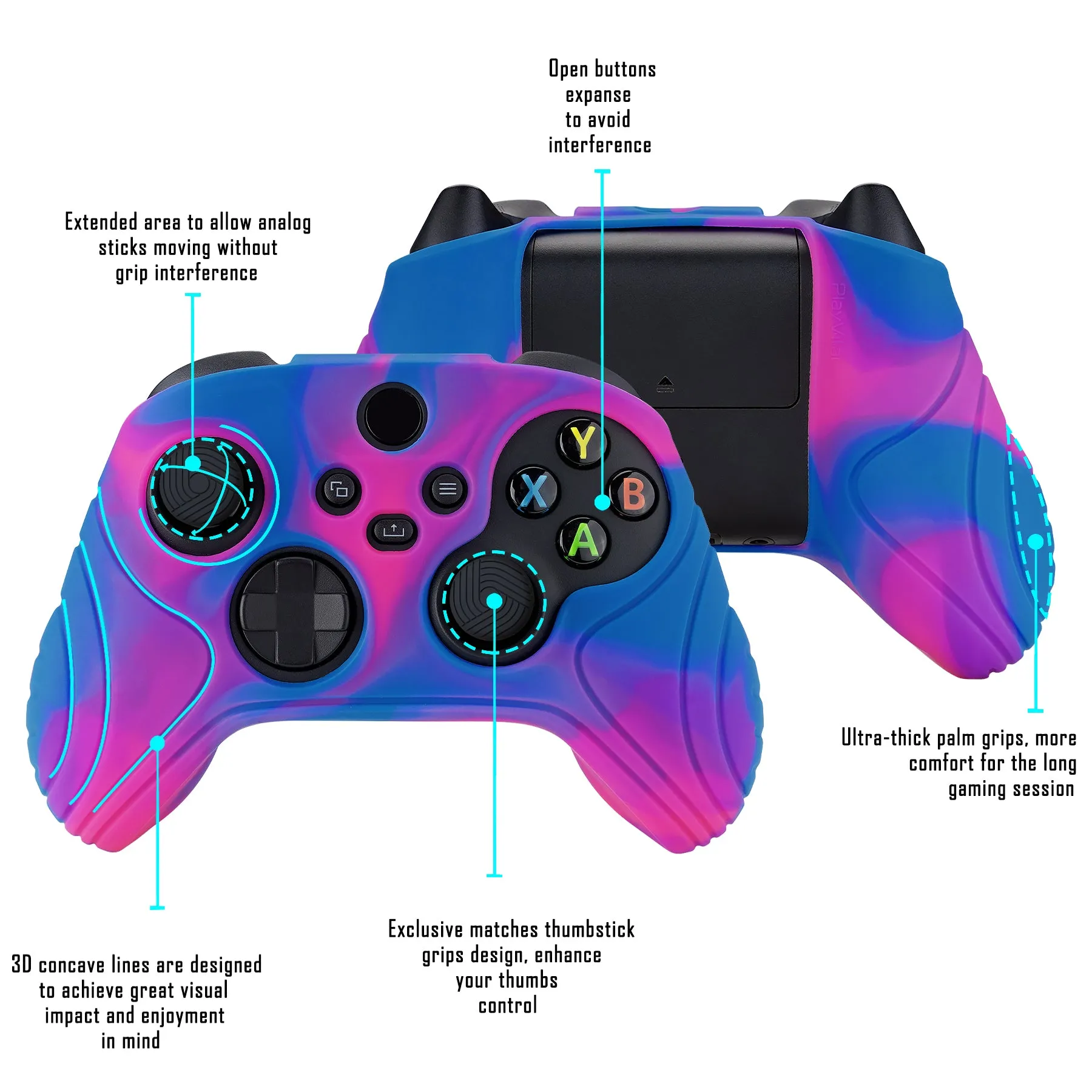 PlayVital Samurai Edition Pink & Purple & Blue Anti-slip Controller Grip Silicone Skin, Ergonomic Soft Rubber Protective Case Cover for Xbox Series S/X Controller with Black Thumb Stick Caps - WAX3015