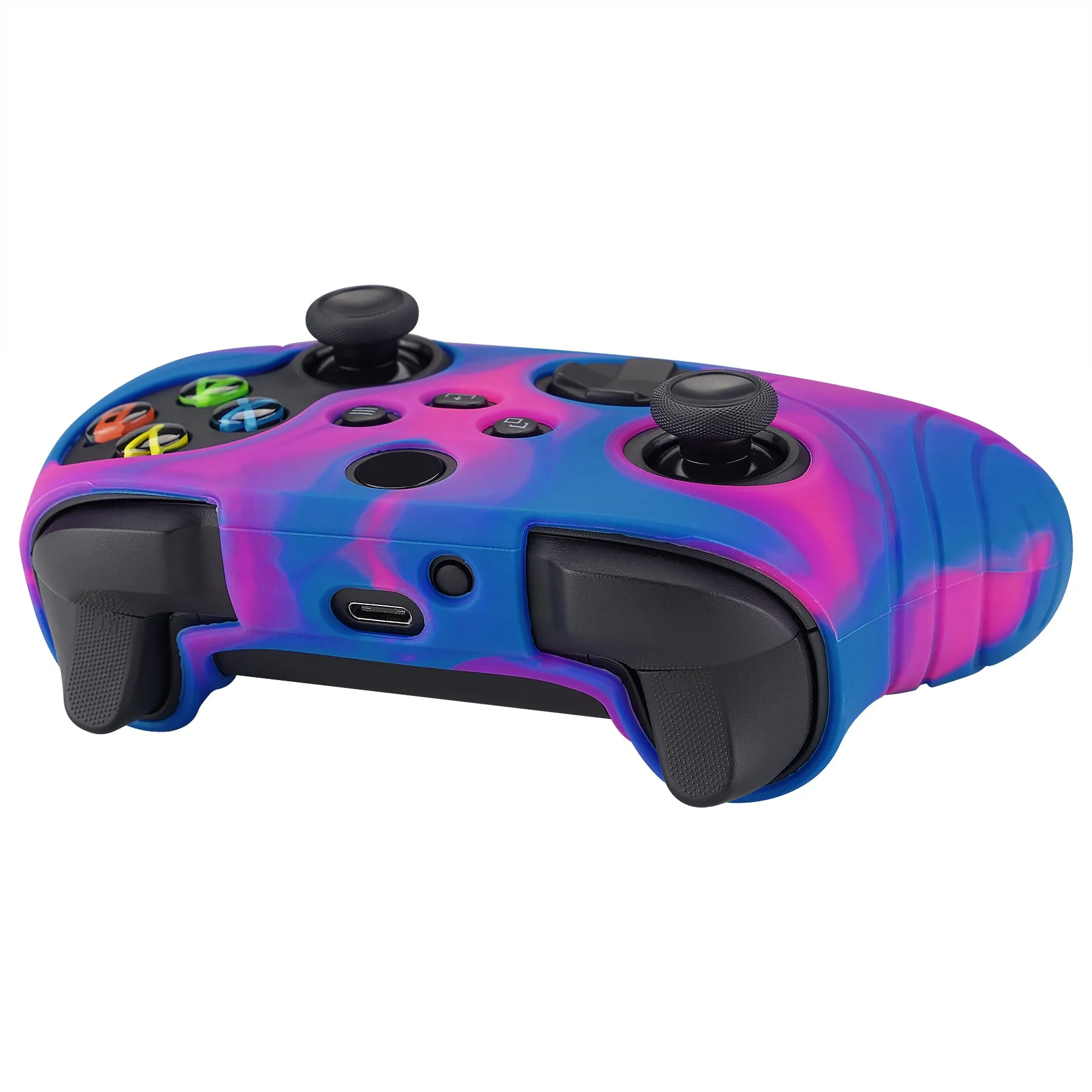 PlayVital Samurai Edition Pink & Purple & Blue Anti-slip Controller Grip Silicone Skin, Ergonomic Soft Rubber Protective Case Cover for Xbox Series S/X Controller with Black Thumb Stick Caps - WAX3015