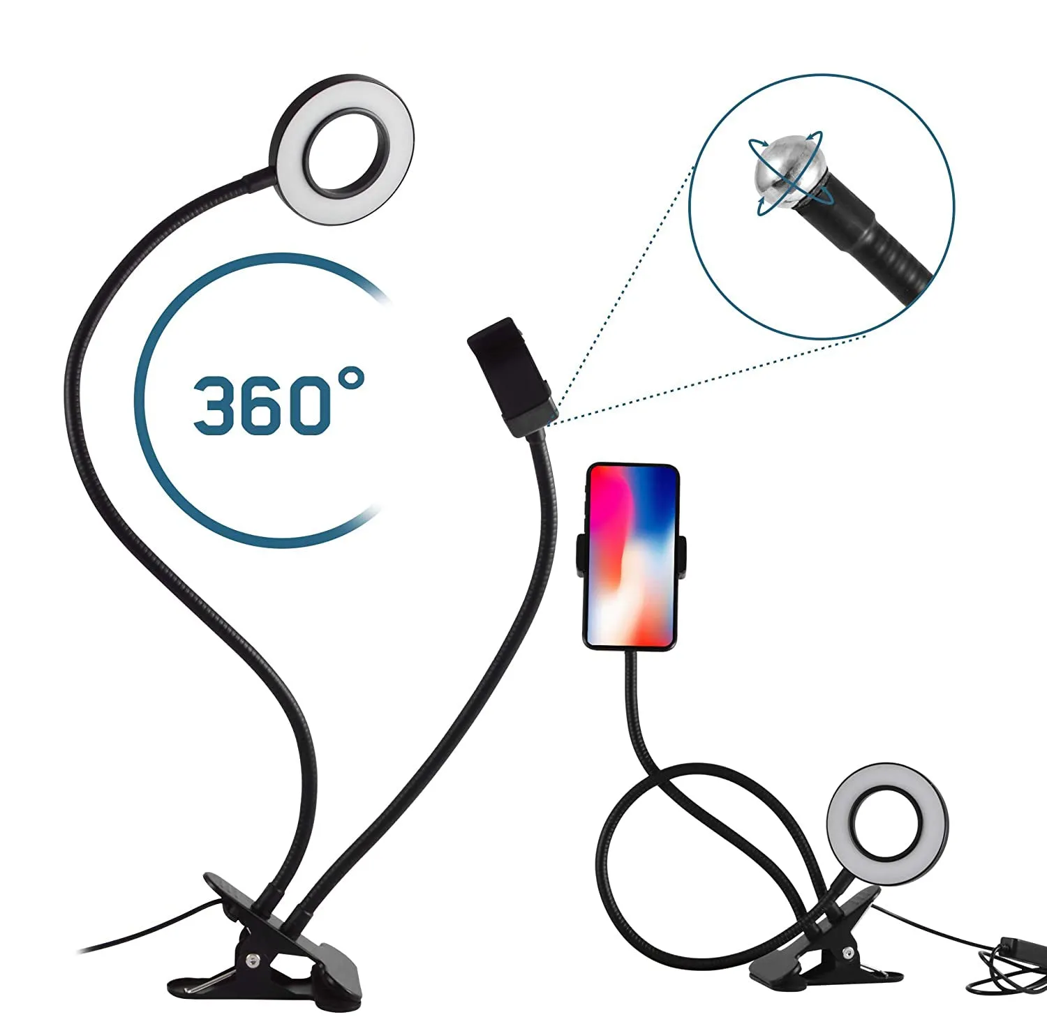 Professional USB selfie clip telescopic tripod table mount & LED ring light (cold / warm white) for YouTubers / influencers - white