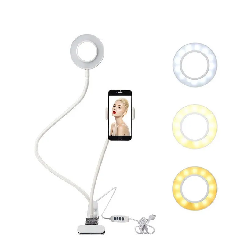 Professional USB selfie clip telescopic tripod table mount & LED ring light (cold / warm white) for YouTubers / influencers - white