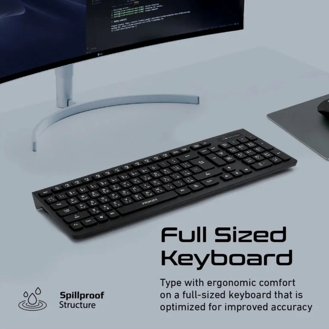 PROMATE Full Size Wireless Keyboard and Mouse. Spillproof Ergonomic Design. Built-in Media Controls. Range up to 10m. Up to 1600 Dpi. Long Life Battery