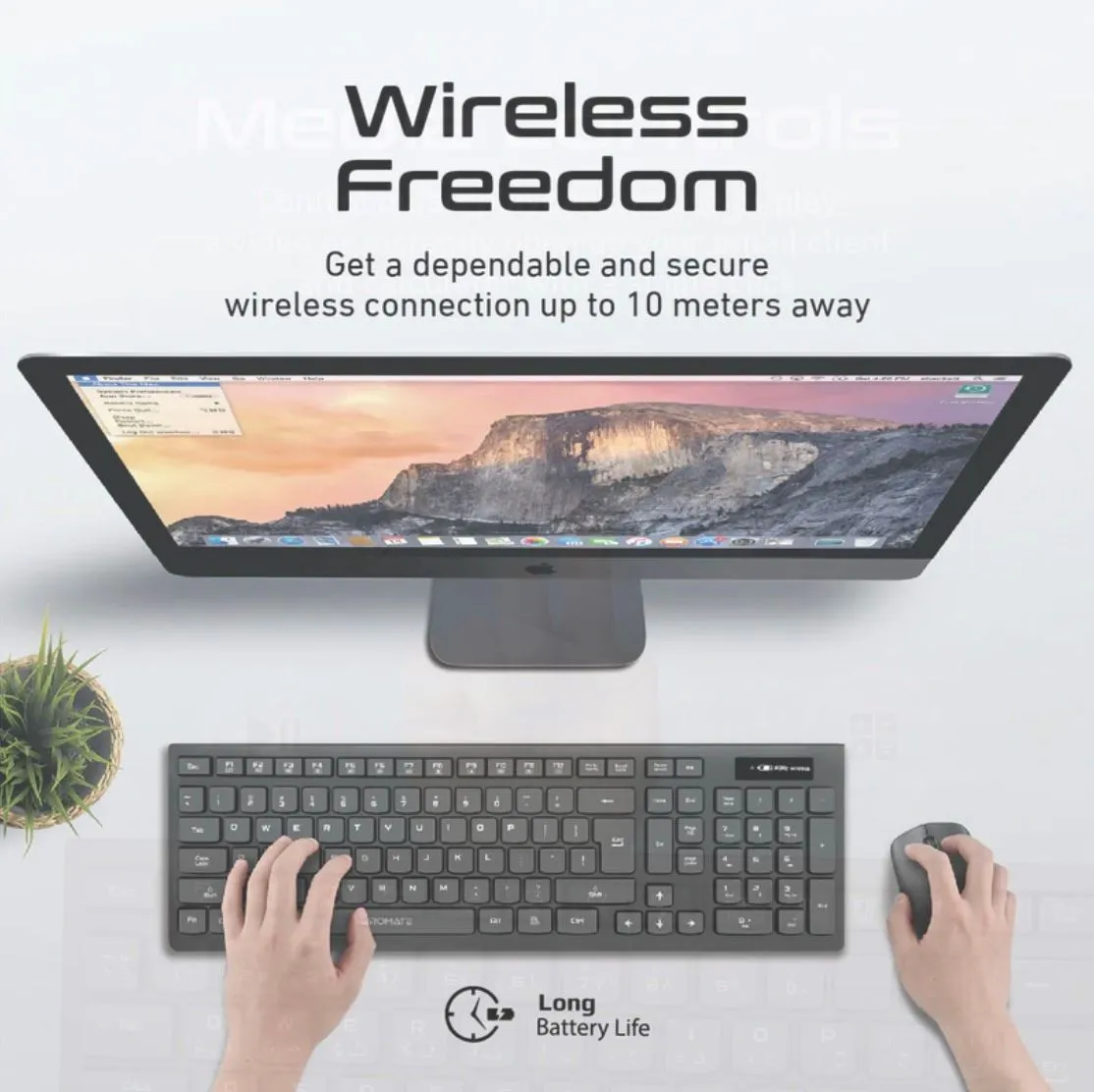 PROMATE Full Size Wireless Keyboard and Mouse. Spillproof Ergonomic Design. Built-in Media Controls. Range up to 10m. Up to 1600 Dpi. Long Life Battery