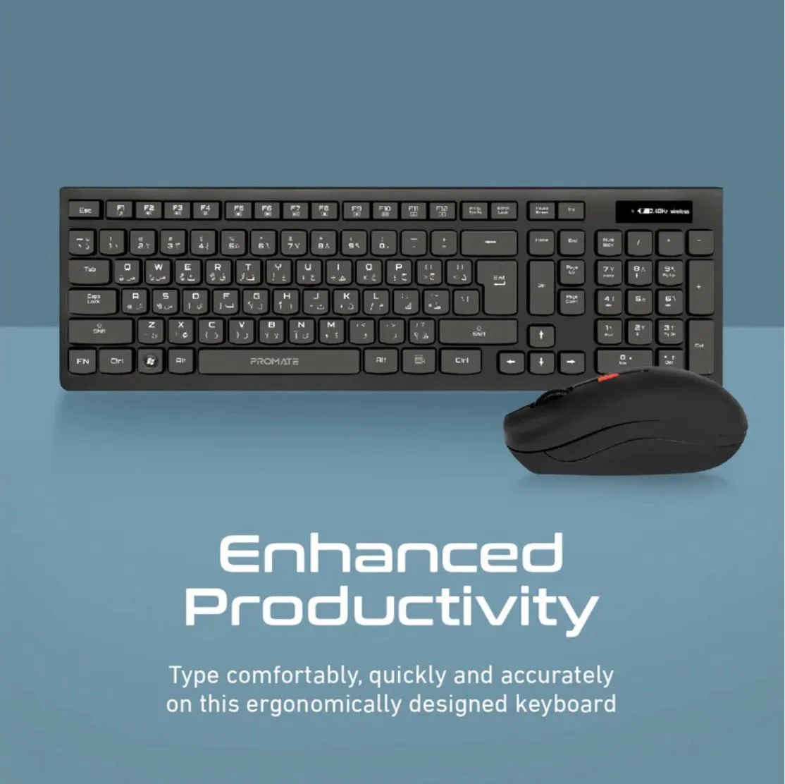 PROMATE Full Size Wireless Keyboard and Mouse. Spillproof Ergonomic Design. Built-in Media Controls. Range up to 10m. Up to 1600 Dpi. Long Life Battery