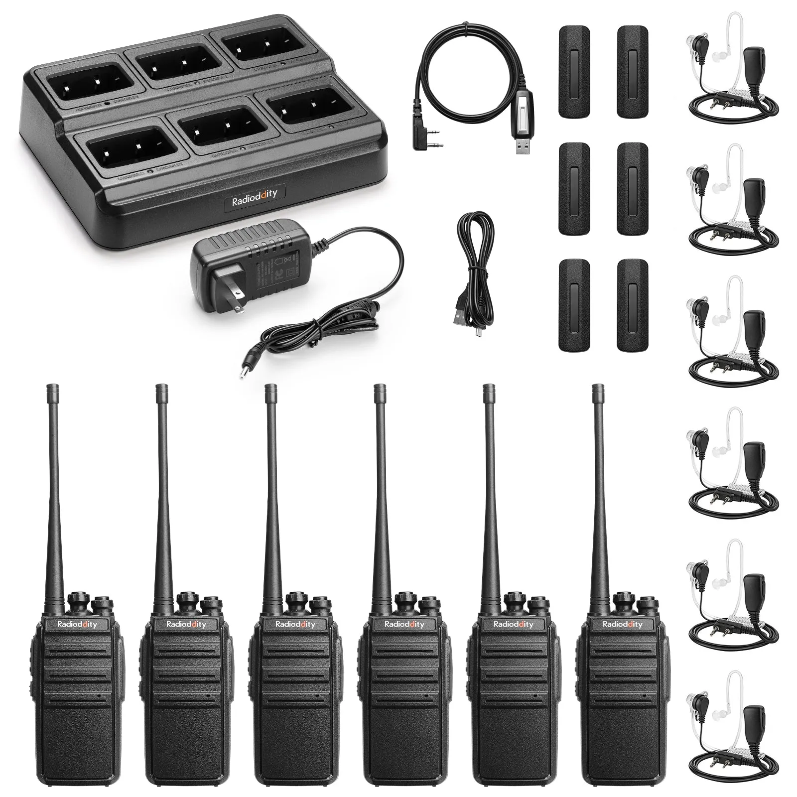 Radioddity GA-2S UHF Radio | VOX | Squelch | with 6-Way Charger Station [6 Pack Cable]