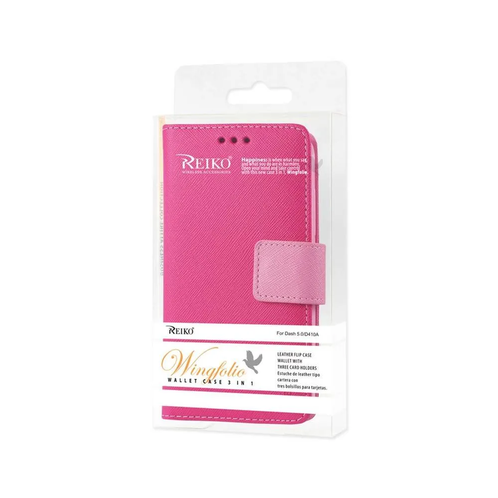 Reiko Wallet Case 3 In 1 For Blu Dash 5.0 D410A Hot Pink With Interior Leather-Like Material And Polymer Cover