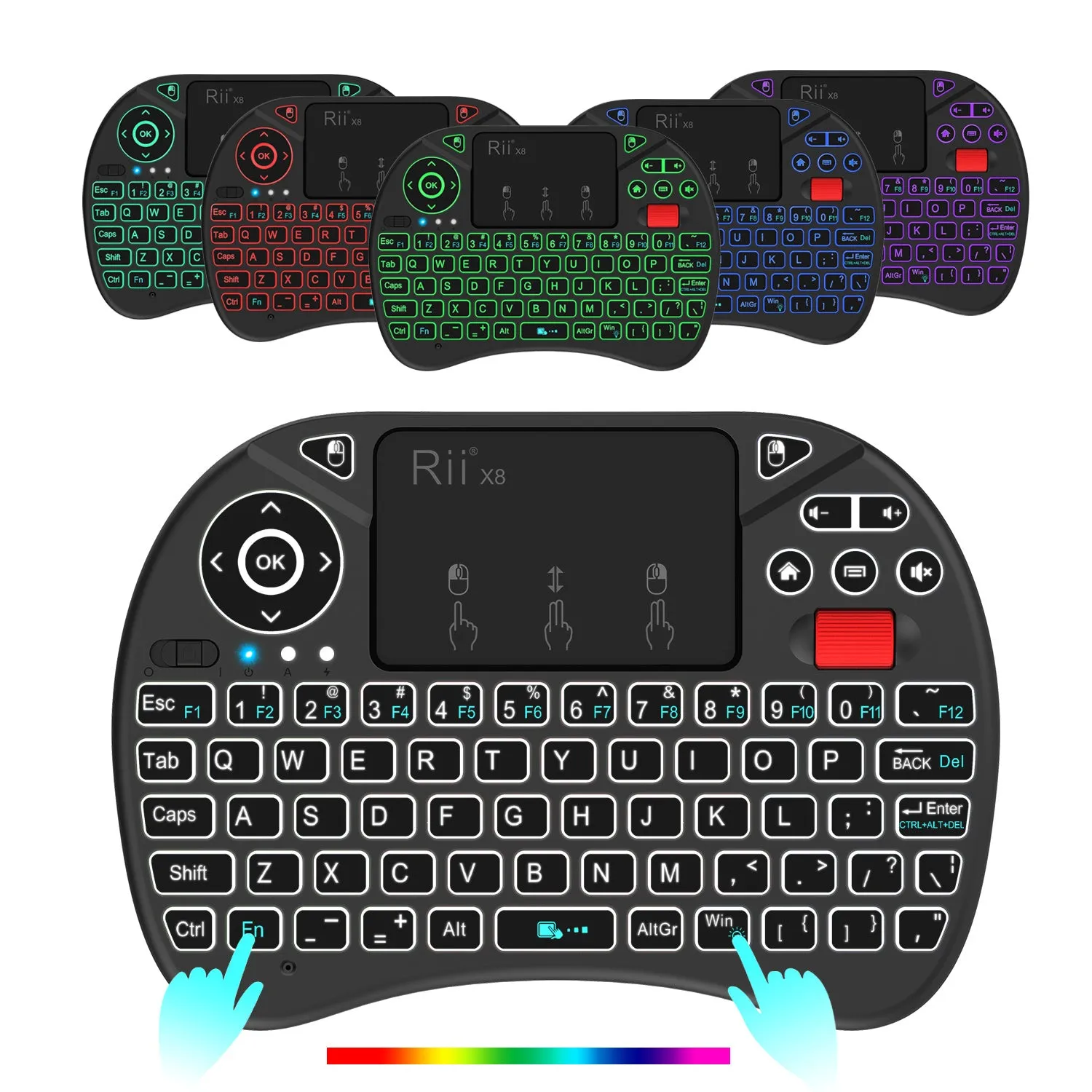 Rii X8 Portable 2.4GHz Mini Wireless Keyboard Controller with Touchpad Mouse Combo,8 Colors RGB Backlit,Rechargeable Li-ion Battery for Google Android TV Box, PS3, PC, Pad,Nvidia Shield