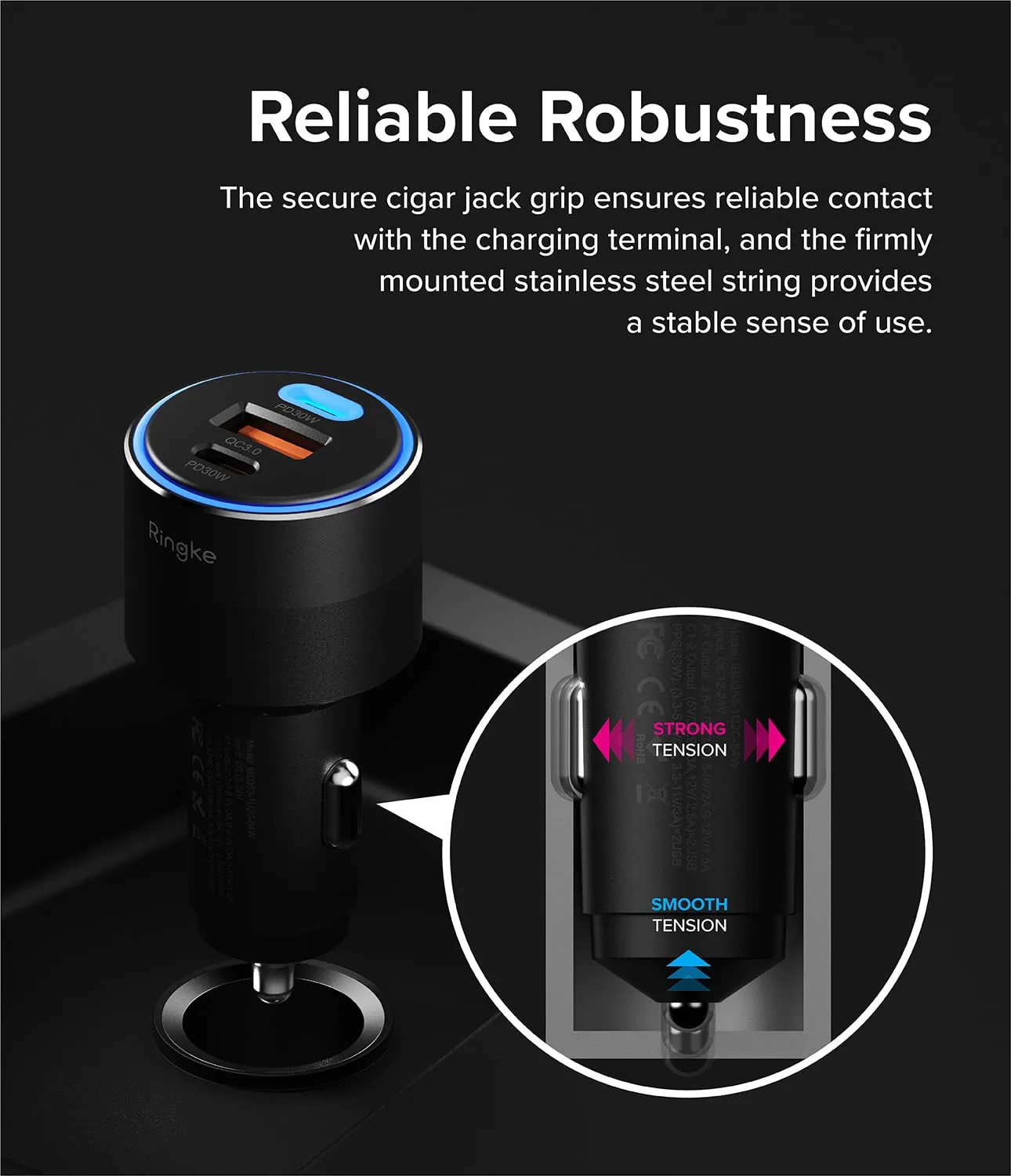 Ringke Car Charger, Fast Charge 12V USB Socket Type C Adapter with LED Light for Mobile Phone, 3-Port - Black