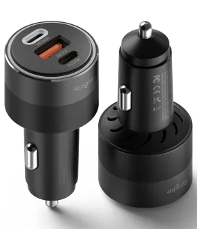 Ringke Car Charger, Fast Charge 12V USB Socket Type C Adapter with LED Light for Mobile Phone, 3-Port - Black