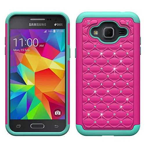 Samsung Galaxy J3 Case, J3V Case | Express Prime Case | Galaxy Sky Case | Amp Prime Case | Galaxy Sol Diamond Rhinestone Hybrid Case - Hot Pink/Teal