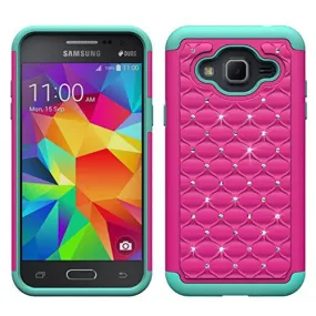 Samsung Galaxy J3 Case, J3V Case | Express Prime Case | Galaxy Sky Case | Amp Prime Case | Galaxy Sol Diamond Rhinestone Hybrid Case - Hot Pink/Teal