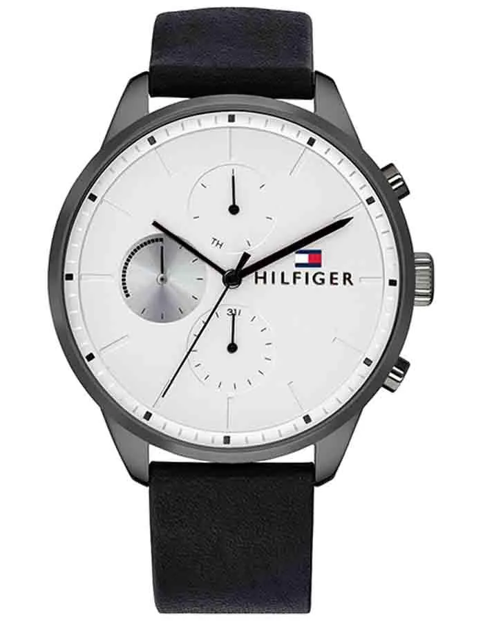 Tommy Hilfiger Mens Chase Watch - Gray - Gunmetal - Black Leather Strap