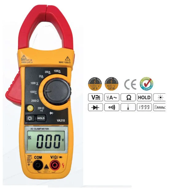 VA310, 1000Amp AC Clamp-On Meter, For Average RMS, Ranges 1000VDC/750VAC/1000 Amp AC/2 kOhm/200uF, MANUAL RANGING