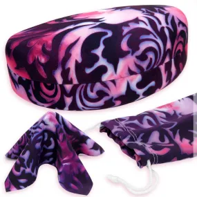 Women extra large sunglasses case - Hard glasses holder in damask print w/ Pouch & Cloth  (AS179 Damask)