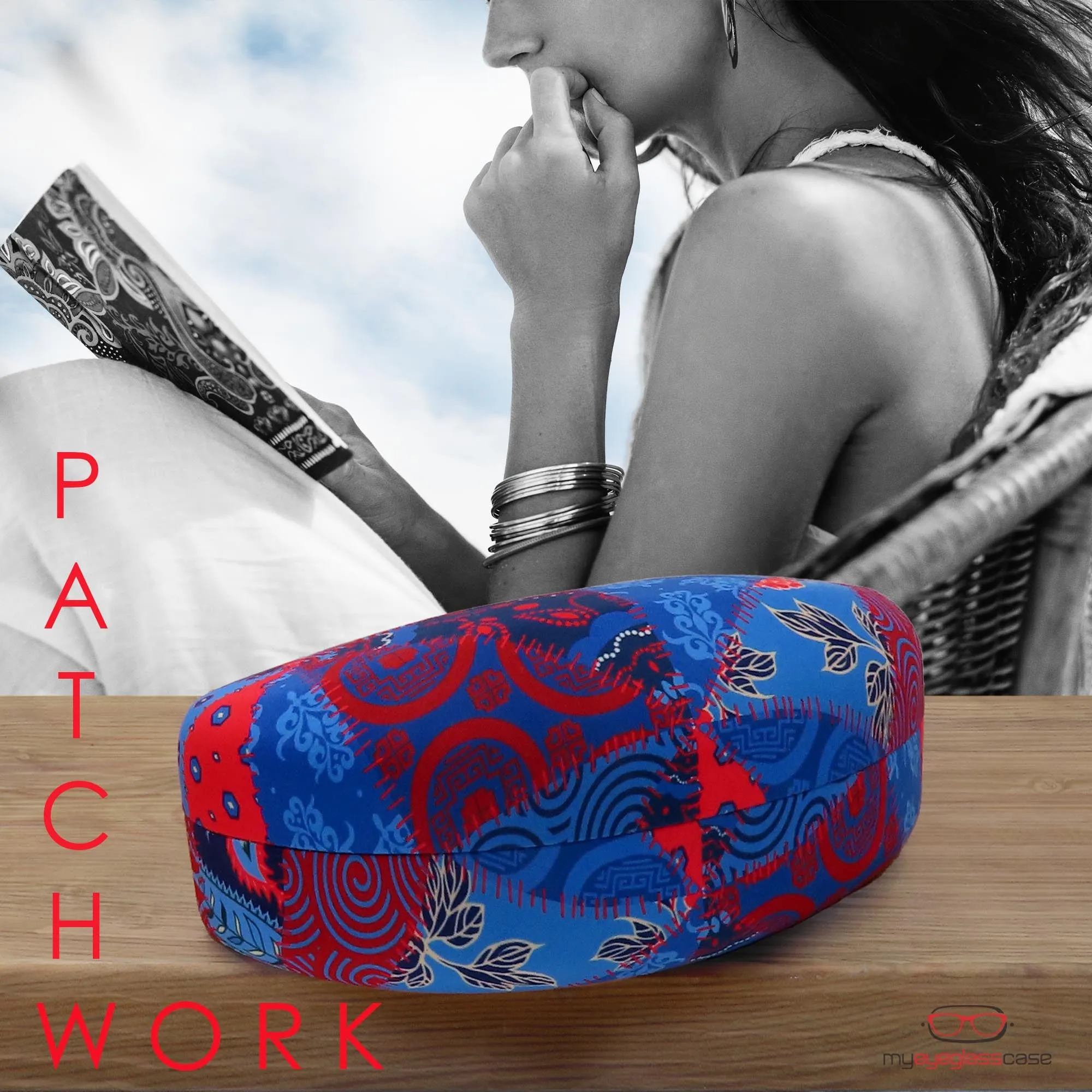 Women extra large sunglasses case - Large glasses holder w/ Pouch & Cloth (AS179 Patchwork)