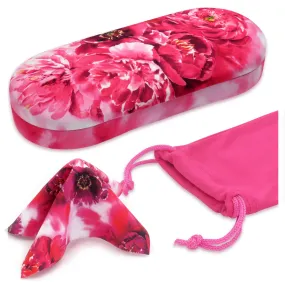 Women Hard glasses case - floral design - medium eyeglass case pouch & cloth (AS166L Peonies)