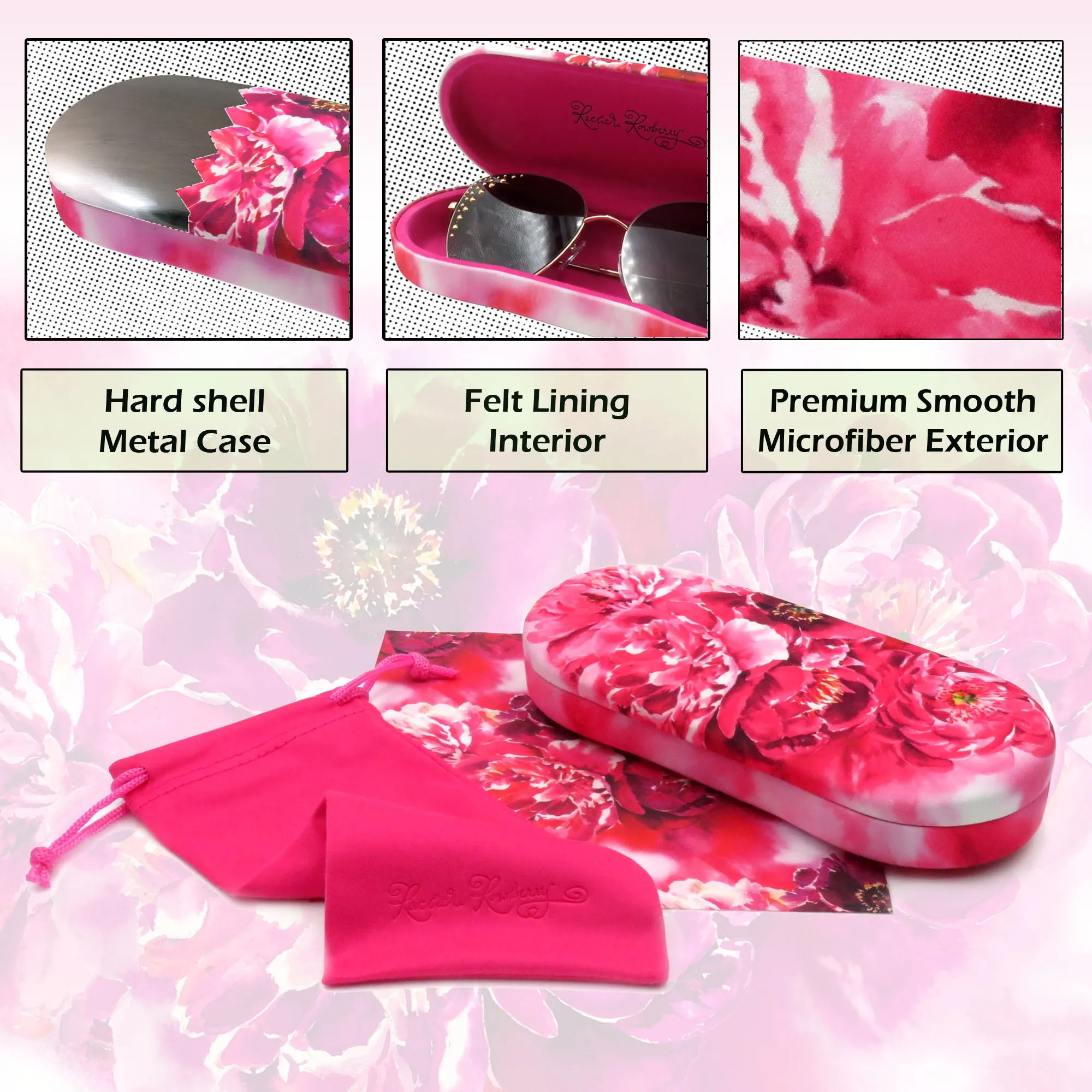 Women Hard glasses case - floral design - medium eyeglass case pouch & cloth (AS166L Peonies)