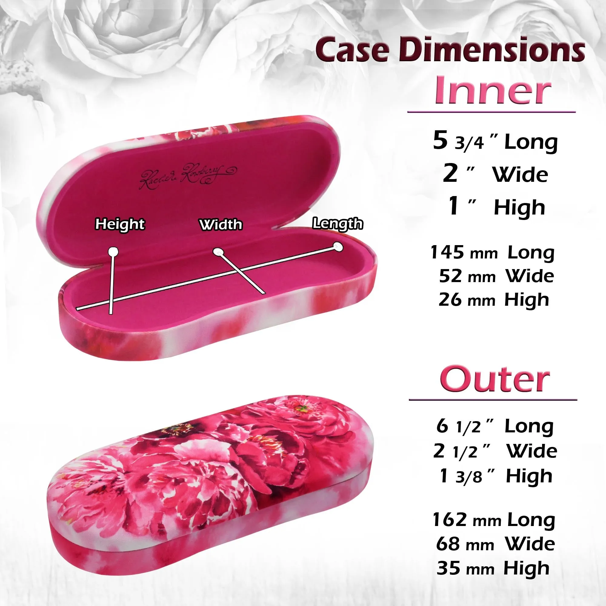 Women Hard glasses case - floral design - medium eyeglass case pouch & cloth (AS166L Peonies)