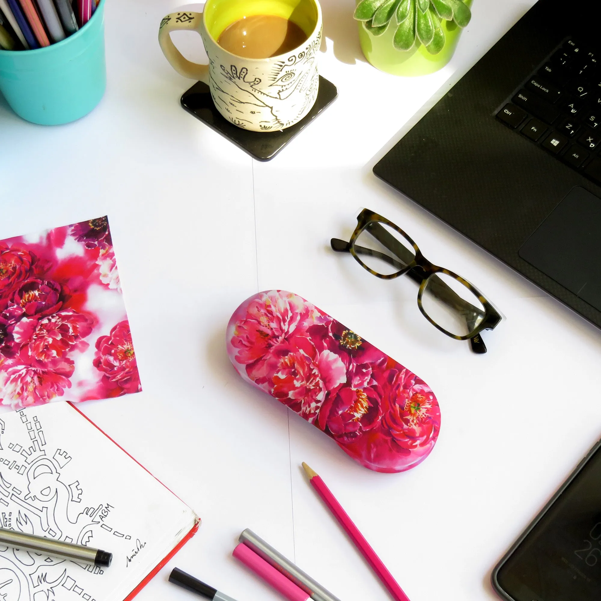 Women Hard glasses case - floral design - medium eyeglass case pouch & cloth (AS166L Peonies)