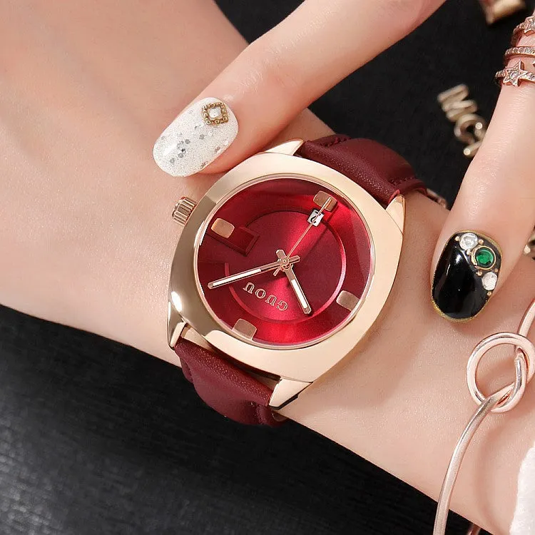 Women's Watch coffee color oval calendar dial leather strap quartz simple watch