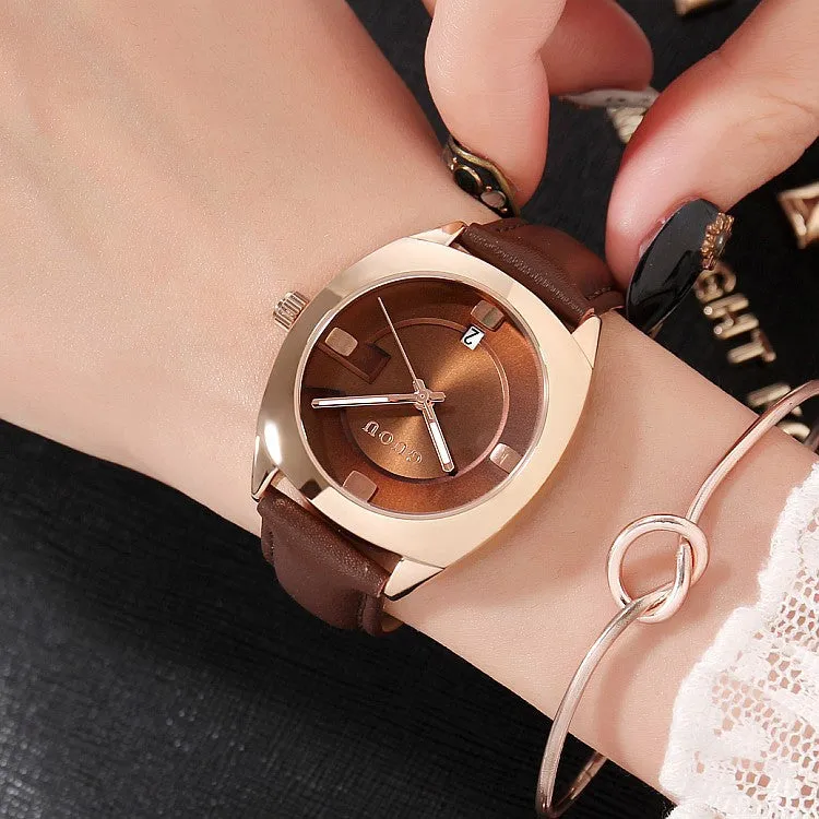 Women's Watch coffee color oval calendar dial leather strap quartz simple watch