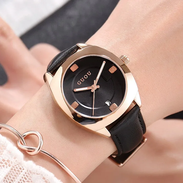 Women's Watch coffee color oval calendar dial leather strap quartz simple watch