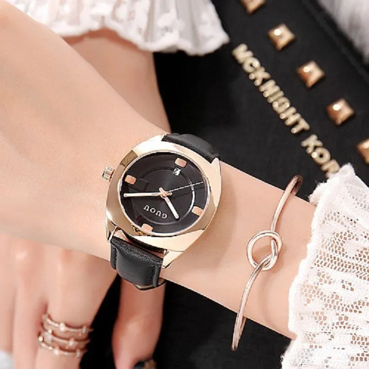 Women's Watch coffee color oval calendar dial leather strap quartz simple watch