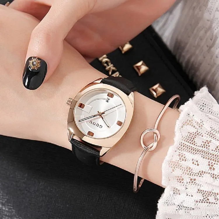 Women's Watch coffee color oval calendar dial leather strap quartz simple watch