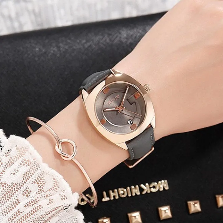 Women's Watch coffee color oval calendar dial leather strap quartz simple watch