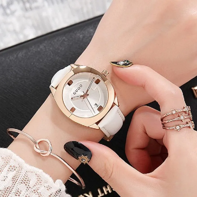 Women's Watch coffee color oval calendar dial leather strap quartz simple watch