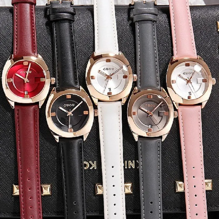 Women's Watch coffee color oval calendar dial leather strap quartz simple watch