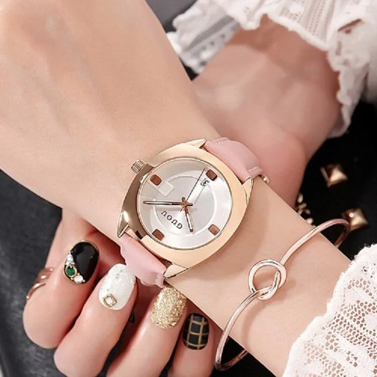 Women's Watch coffee color oval calendar dial leather strap quartz simple watch