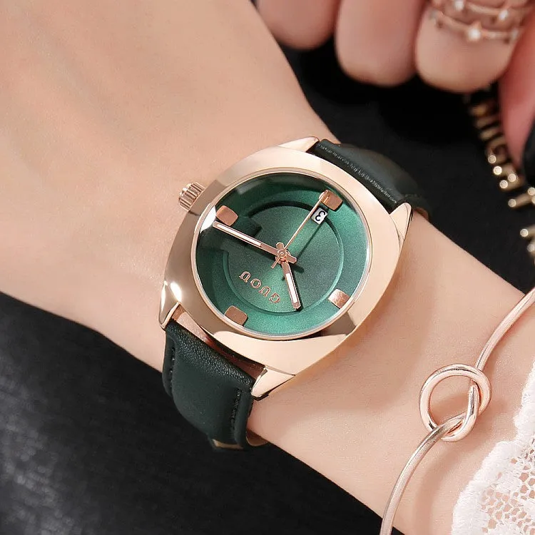 Women's Watch coffee color oval calendar dial leather strap quartz simple watch