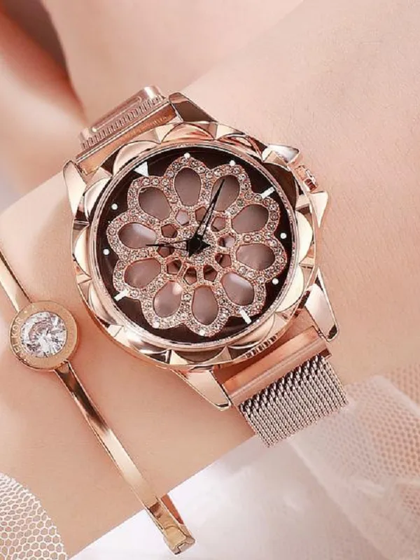 Women's Watch Diamond Blooming Flower Pattern Milan Strap elegant Watch