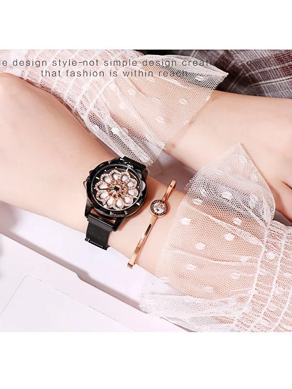 Women's Watch Diamond Blooming Flower Pattern Milan Strap elegant Watch