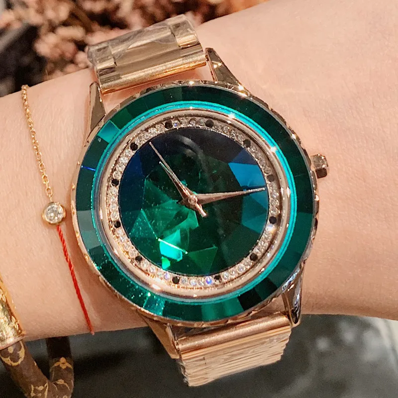 Women's Watch Irregular Mirror green diamond large dial Stainless Steel Strap elegant watch