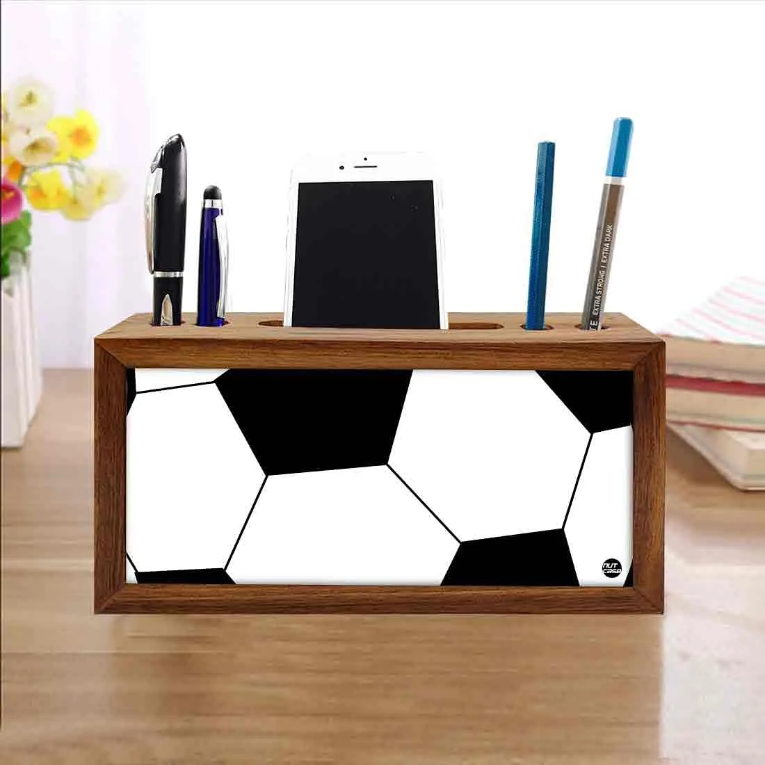 Wood Desk Accessories Phone Stand With Pen Holder - Football