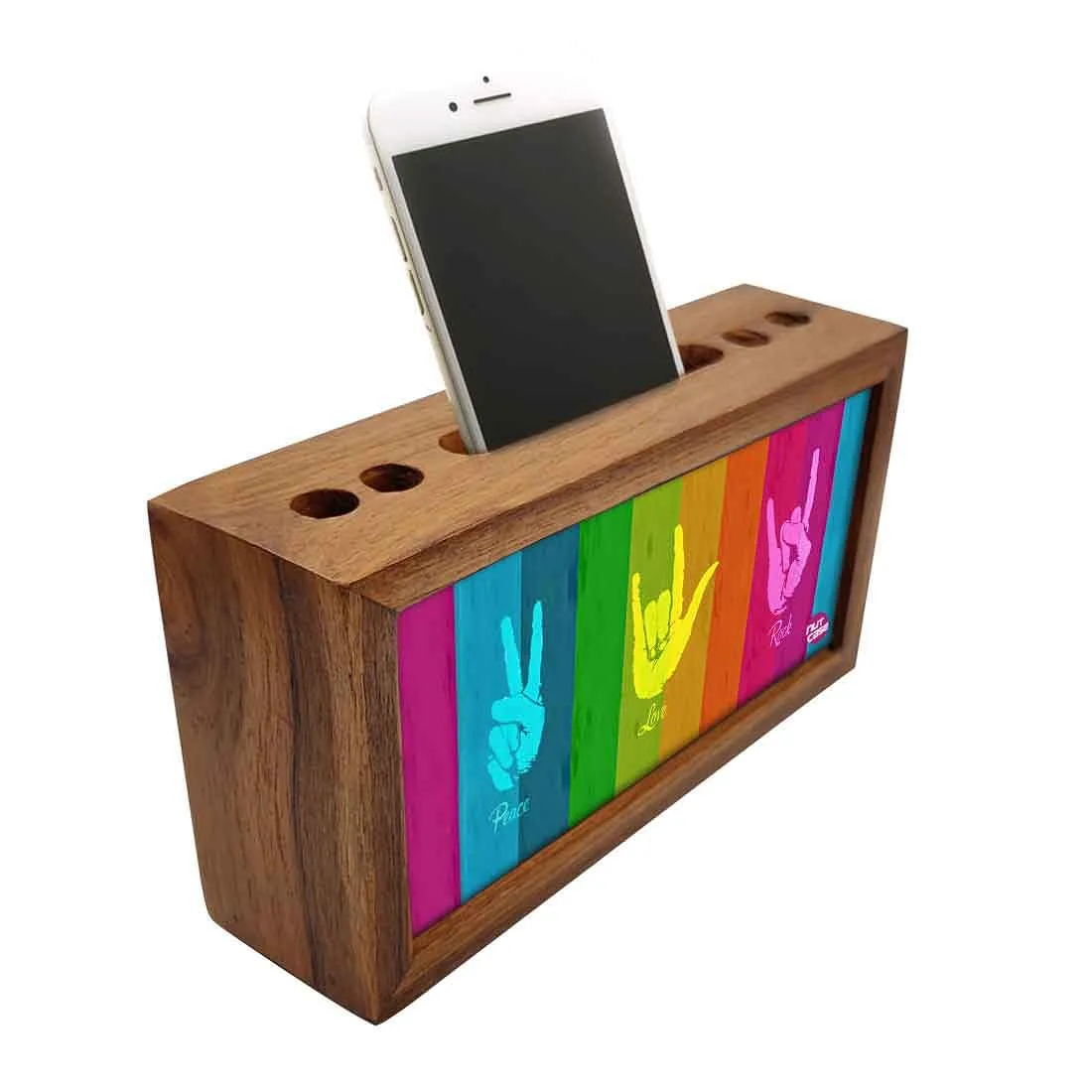 Wooden desk caddy Pen Mobile Stand - Peace Love Rock