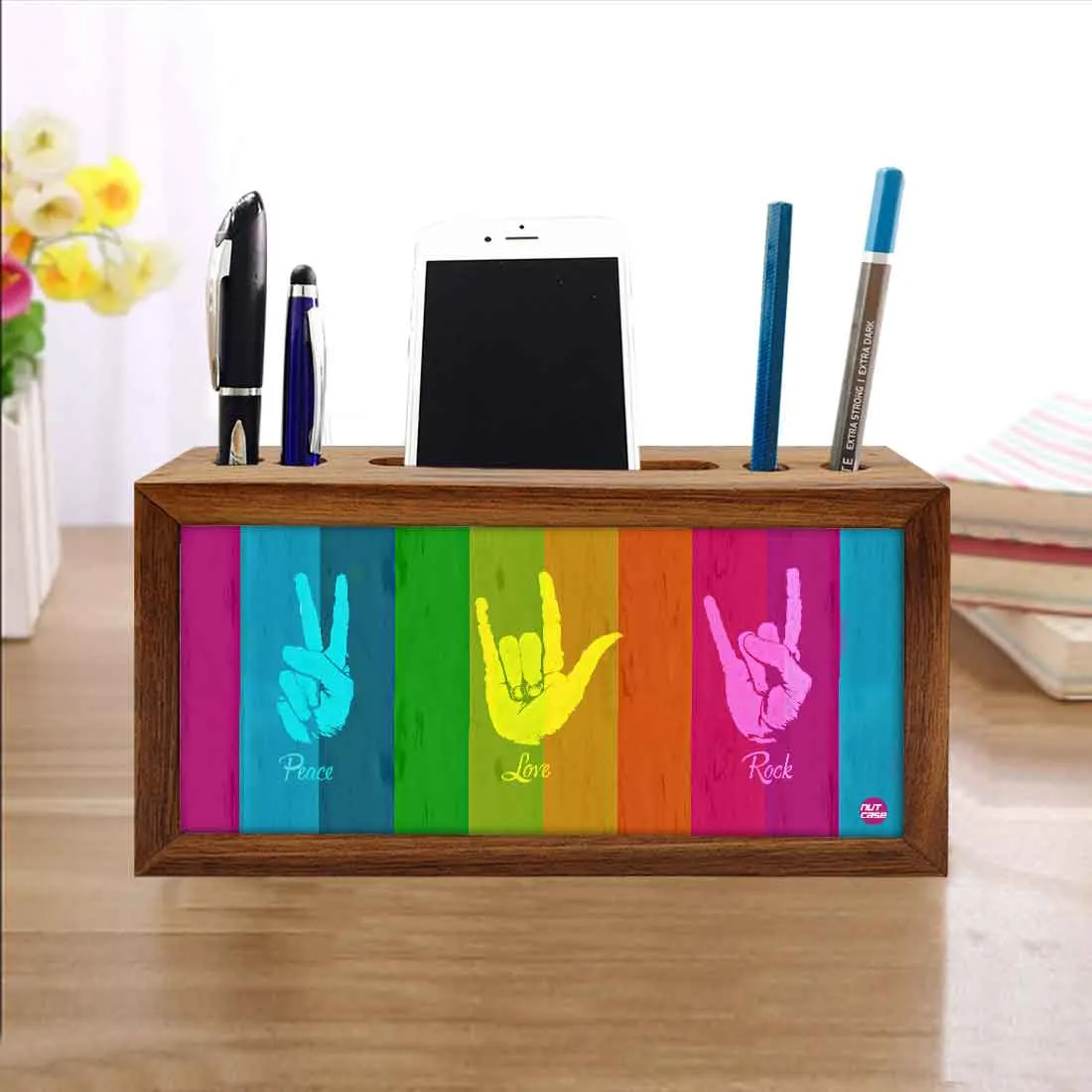 Wooden desk caddy Pen Mobile Stand - Peace Love Rock