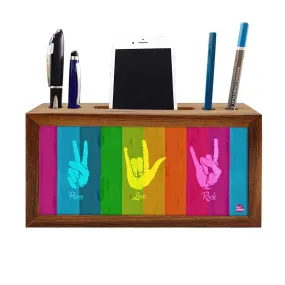 Wooden desk caddy Pen Mobile Stand - Peace Love Rock