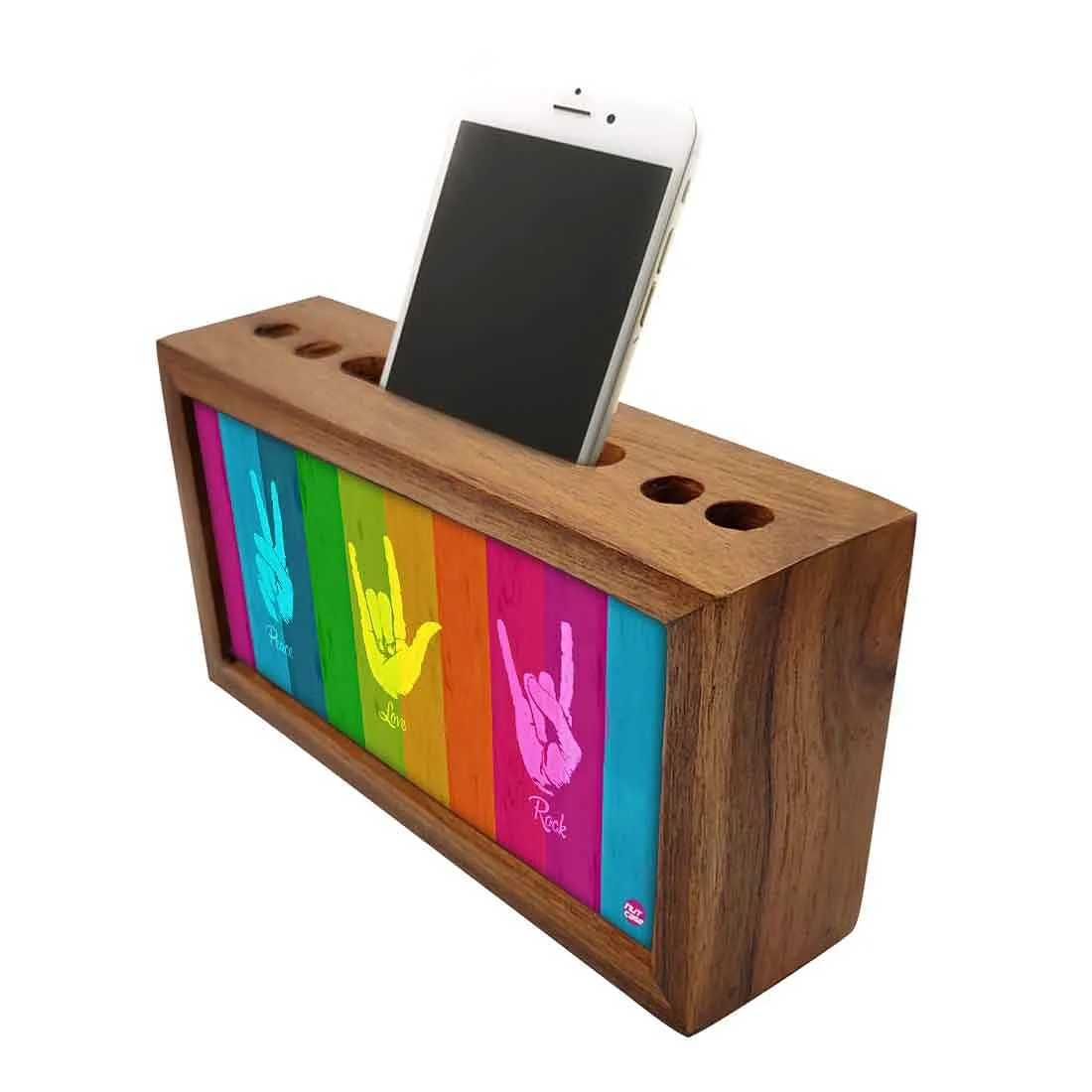 Wooden desk caddy Pen Mobile Stand - Peace Love Rock