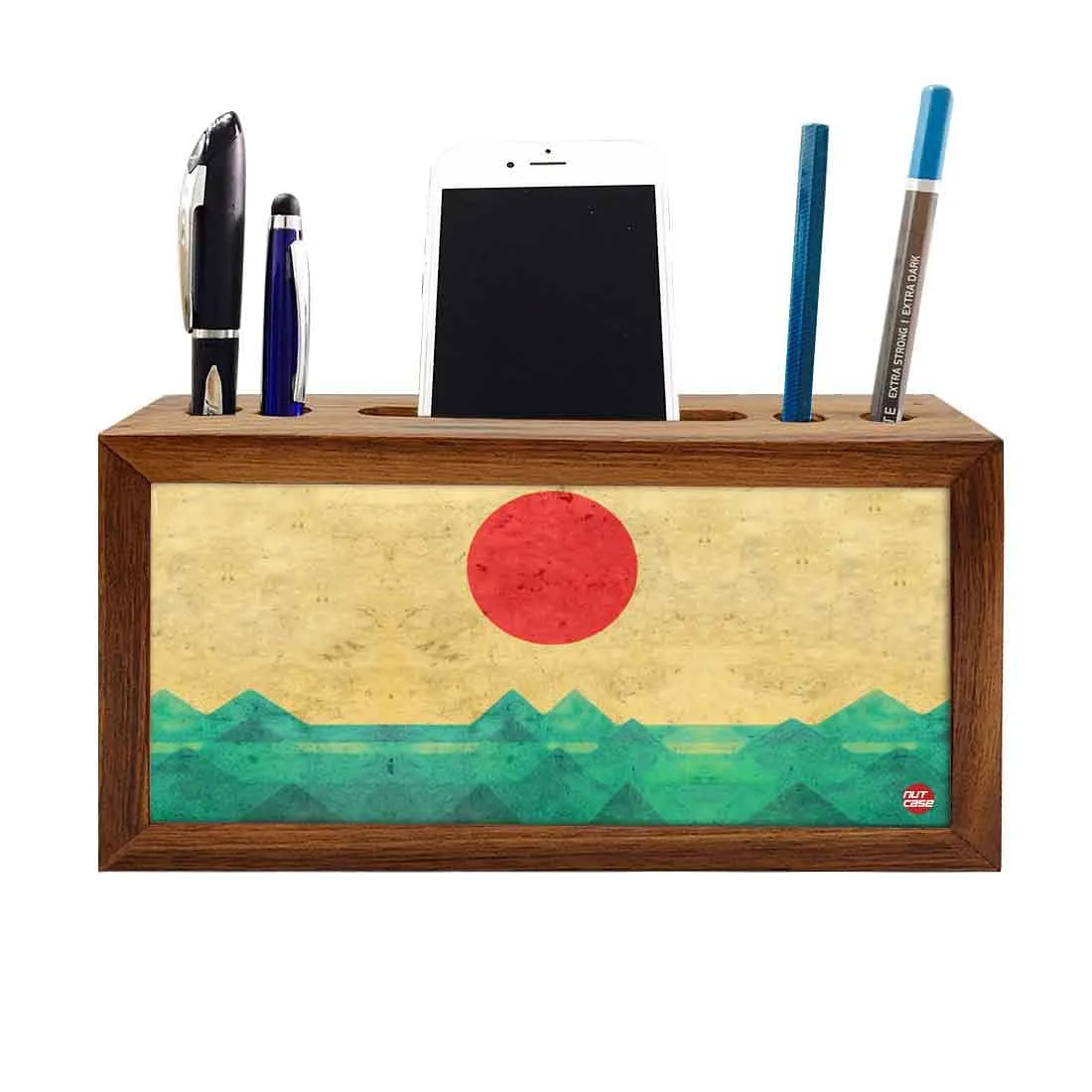 Wooden desk organizer Pen Mobile Stand - Rising Sun