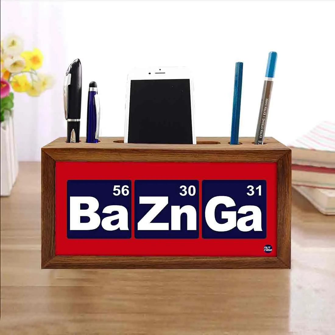 Wooden Mobile and Pen Holder Office Desk Organizer - Bazinga Red